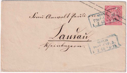 DR/Bayern - 1 Gr Ganzsache/Brief blauer Ra3 Berlin Post-Exp. 3 - Landau/Pf. 1868