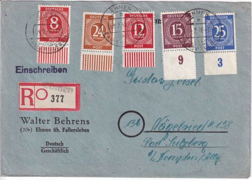 All.Bes./Kontrollrat - 25 Pfg. Ziffer u.a./Unterrand Einschreibebrief Ehmen 1948