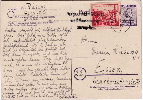 SBZ/Thüringen - 12 Pfg. Wiederaufbau Karte Gera - Essen 8.4.46