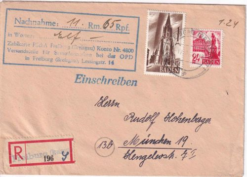 FZ/Baden - 1 M. + 24 Pfg. 1. Ausgabe Nachnahme-Einschreibebrief Freiburg 17.2.48