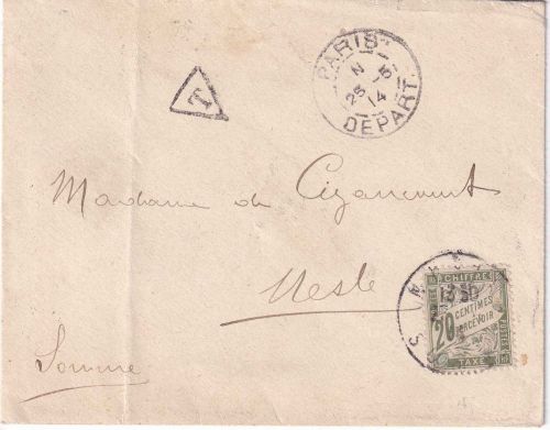 Frankreich - 20 C. Portomarke unfrankierter Brief Paris - Nesle 1914