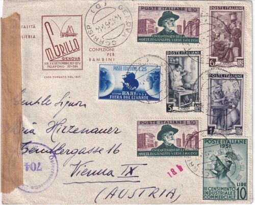 Italien - 25 L. Levante-Messe u.a. Zensurbrief n. ÖSTERREICH Genua - Wien 1951