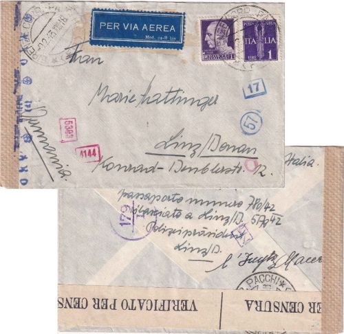 Italien - 1 L. Engel ua. Luftpost-Zensurbrief Florenz - Linz 9.2.43 Doppelzensur