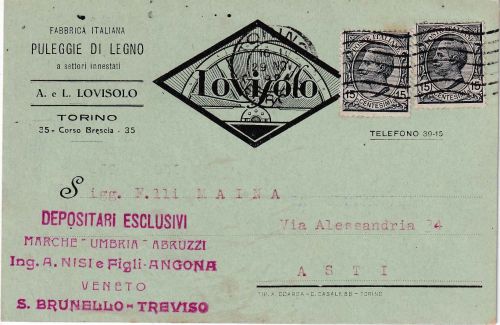 Italien - 2x15 C. Victor Emanuel illustr. Firmenkarte Turin - Asti 1924