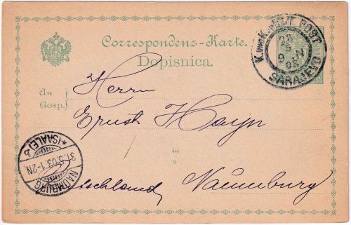 Bosnien & Herz. - 5 H. Wappen Ganzsache KuK Milit. Post Sarajevo - Naumburg 1903
