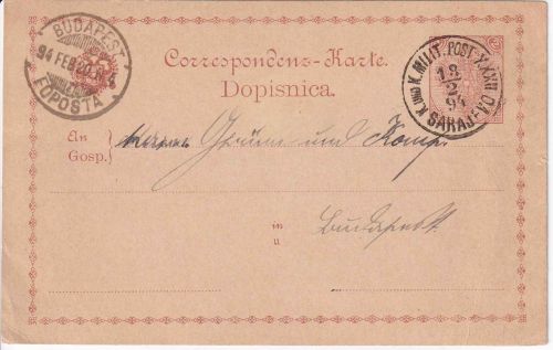 Bosnien & Herz. - 2 Kr. Wappen Ganzsache KuK Milit. Post XXXII Sarajevo 1894