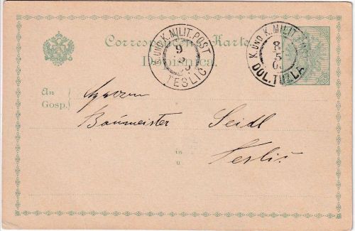 Bosnien & Herz. - 5 H. Wappen Ganzsache KuK Milit. Post Dol. Zuzla - Teslic 1905