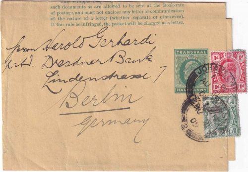 Transvaal - 1/2 P. Ganzsache + Zusatz Streifband Johannesburg - Berlin 1909