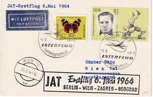 DDR - JAT Airways Firstflight Berlin/Ost - Belgrad Etappe Wien 6.5.64