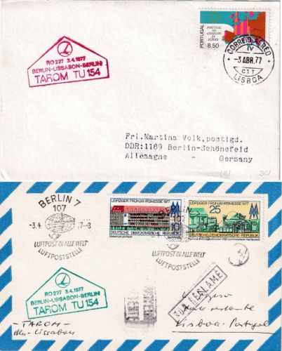 Portugal/DDR - Tarom Firstflight Lissabon - Berlin/Ost u. retour 2 Belege 3.4.77