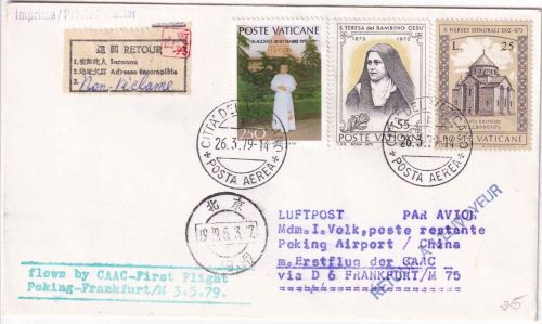 Vatikan - CAAC Firstflight Peking - Frankfurt a/M 3.5.79 Zuleitungspost