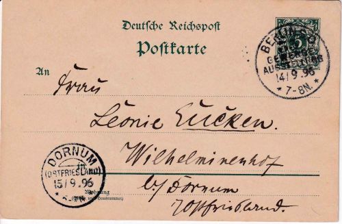 DR - Berlin SO 33 Gewerbeausstellung SST 5 Pfg. Ganzsache n. Dornum (KOS) 1896