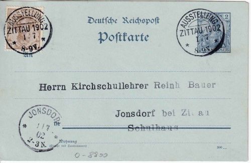 DR - Zittau 1902 Ausstellung 1.7. KOS-SST Ganzsache+Zusatz n. Jonsdorf