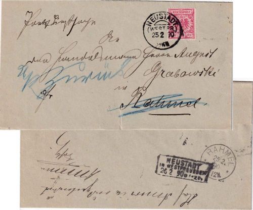 DR - Neustadt (Westpr.) 25.2.90 KOS Brief n. Rahmel - Retourvermerk