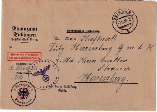 DR - Tübingen 1938 Frei d. Ablösung (Finanzamt) Zustellurkunde n. Herrenberg