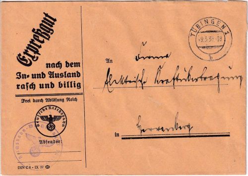 DR - Tübingen 1938 Frei d. Ablösung (Reichsbahn) Dienstbrief n. Herrenberg