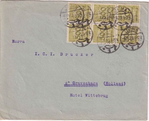 DR-Infla - 6x500 Mio. Korbdeckel Brief n. HOLLAND Jena - s'Gravenhage 6.11.23