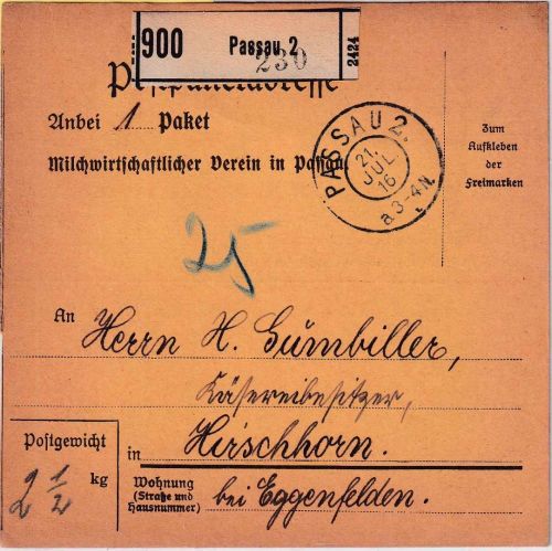 Bayern - Passau 1916 unfreies Paket n. Hirschhorn - 25 Pfg. Nachporto