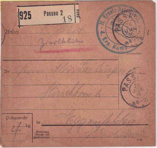 Bayern - Passau 1916 Feldpostpaketkarte "Zivilkleider" n. Hirschhorn