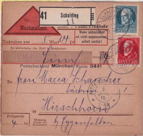 Bayern - 10+20+5 Pfg. Ludwig Nachnahme-Paketkarte Schalding - Hirschhorn 1916