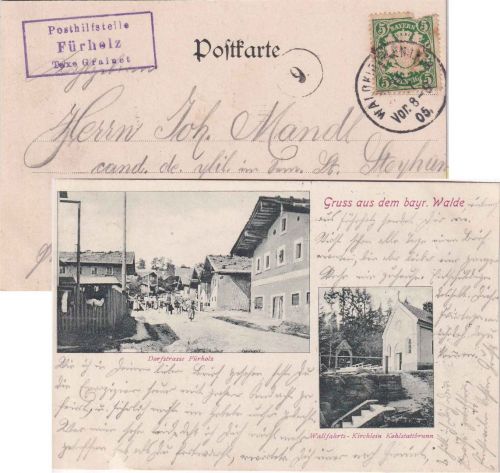 Bayern - Fürholz T. Grainet Posthilfststellen-Ra3 sw-AK n. Passau 1905