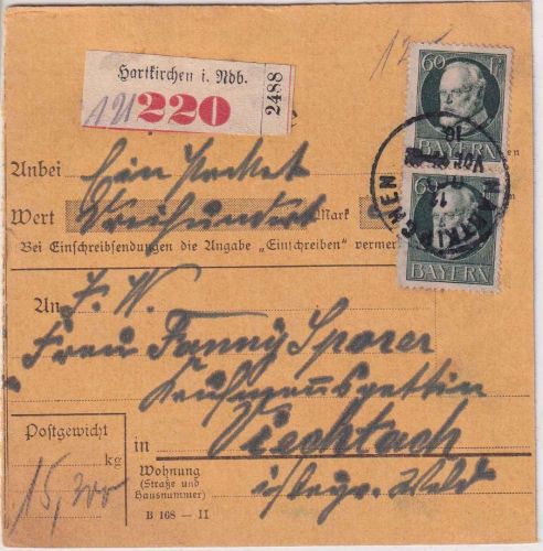 Bayern - 2x60 Pfg. Ludwig Wertpaketkarte Hartkirchen - Viechtach 1918