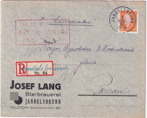 DR - Jandelsbrunn 1930 Einschreibebrief n. Passau - Aushilfs-R-Zettel