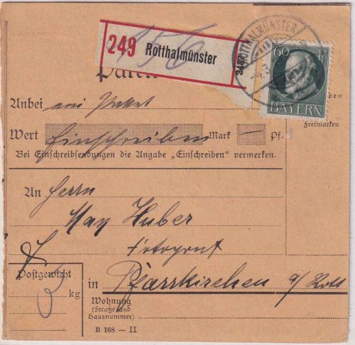 Bayern - 60 Pfg. Ludwig Einschreibe-Paketkarte Rotthalmünster Pfarrkirchen 1919