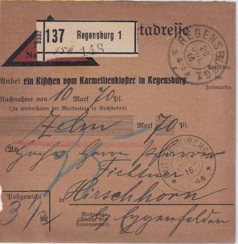 Bayern - Regensburg 1916 unfreies Nachnahmepaket Regensburg - 35 Pfg. Nachporto