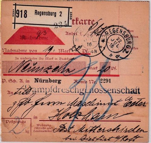 Bayern - Regensburg 1916 unfreies Nachnahmepaket Regensburg - 35 Pfg. Nachporto