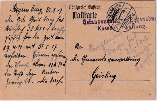 Bayern - Regensburg Kriegsgefangenenlager Kassenverwaltung portofr. Karte 1917