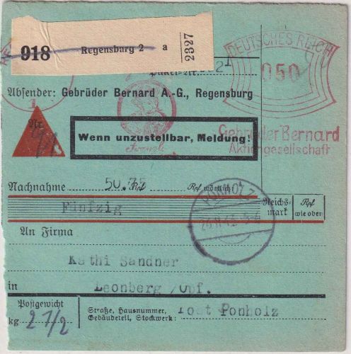 DR - Regensburg 43 50 Pfg. AFS "Gebrüder Bernard" Nachnahme-Paketkarte