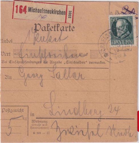 Bayern - 60 Pfg. Ludwig Einschreibe-Paketkarte Michaelsneukirchen Lindberg 1919