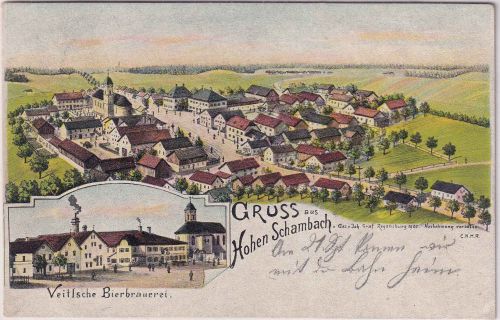 Bayern - Hohen-Schambach Veitlsche Bierbrauerei Mehrbild-Farblitho gelaufen 1911