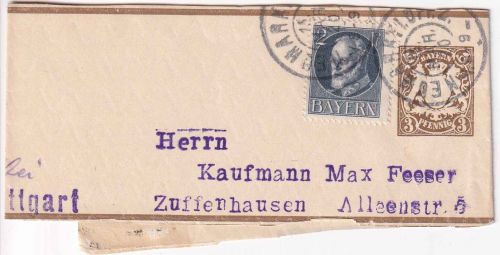 Bayern - 3 Pfg. Wappen ganzsache+Zusatz/Streifband Spätverwendung 15. MÄR 20