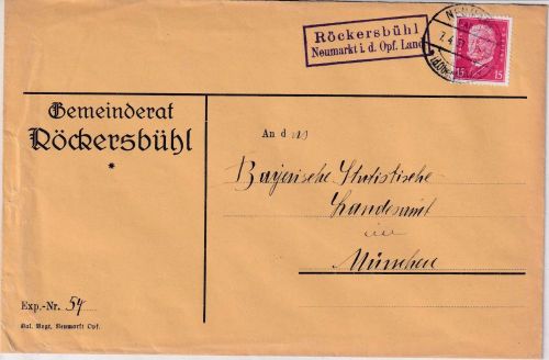 DR - Röckersbühl Neumarkt i.d.Opf. Land Landpost-Ra2 Brief n. München 1931