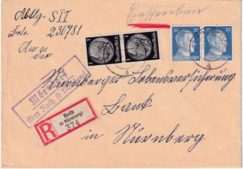DR - Mörsdorf ü. Roth (b. Nürnberg) Landpost-Ra2 Einschreibebrief 1943