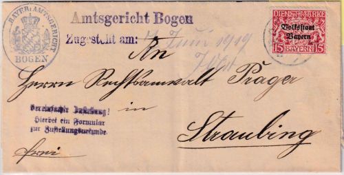Bayern - 15 Pfg. Staatswappen Zustellurkunde Bogen - Straubing 8.10.16