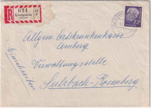 BRD - 70 Pfg. heuss II Einschreibebrief Königstein - Sulrbach-Rosenberg 1961