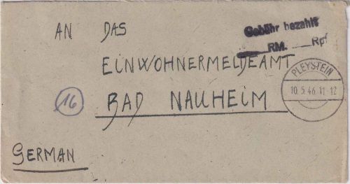 All.Bes. - Pleystein 10.5.46 Gebühr bezahlt RM/Rpf. Brief n. Bad Nauheim