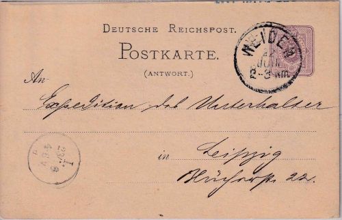 DR - Weiden 22. JUN K1 5 Pfg. Reichspost Ganzsache/Antwortteil n. Leipzig 1881