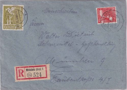 All.Bes. - 1 RM Taube u.a. Einschreibebrief Weiden - München 25.2.48