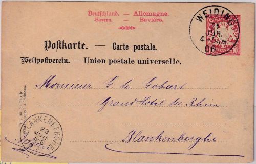 Bayern - 10 Pfg. Wappen ganzsache/Karte n. BELGIEN K1 Weiding 21. JUN 06