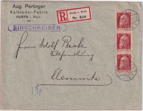 Bayern - 3x10 Pfg. Luitpold Einschreibebrief Furth i.W. - Chemnitz 1913