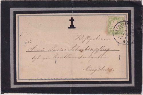 Bayern - 3 Pfg. Wappen Trauerdrucksache Waldmünchen - Augsburg 1889 Inhalt !!