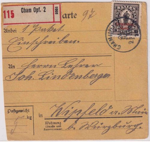 DR-Infla - 2 1/2 M. By-Abschied/DR Einschreibe-Paketkarte Cham Opf. 2 1920