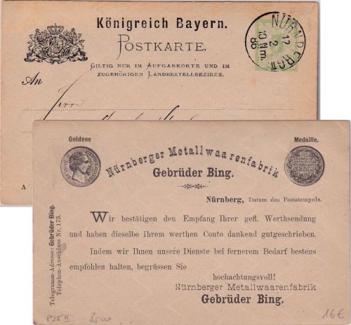Bayern - 3 Pfg. Rauten Ganzsache Zudruck Gebrüder Bing Nürnberg - Stuttgart 1886