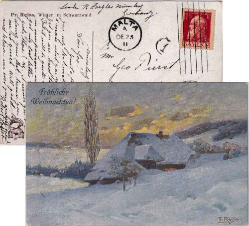 Bayern - 10 Pfg. Luitpold Weihnachtskarte n. MALTA Nürnberg - La Valetta 1911