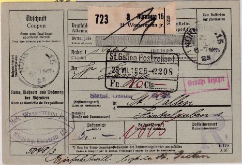 DR - Nürnberg 15 1925 Gebühr bezahlt Paketkarte (Selbstbucher) i.d. SCHWEIZ