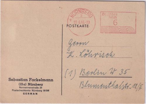 All.Bes. - Nürnberg 22.6.46 teilapt. 6 Pfg. Postfreistempel Drucksachenkarte